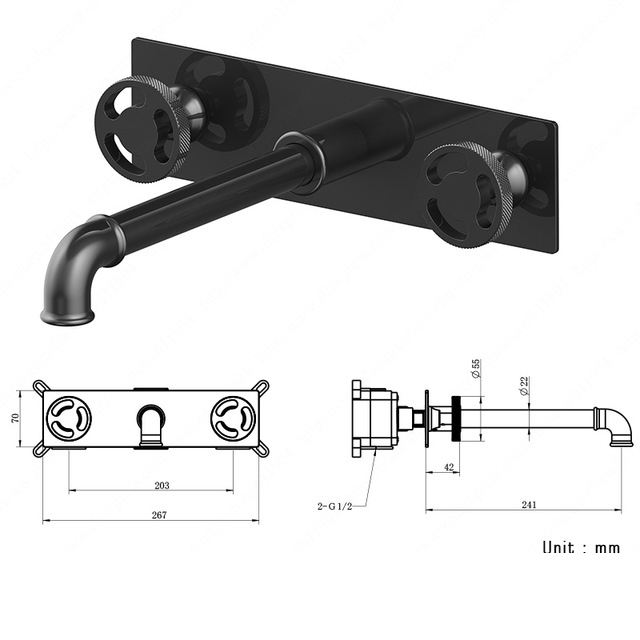 Wall Mounted Brass Basin Faucet Dual Handle Mixer Tap Hot Cold Square Bathroom Water Bath Matt Black