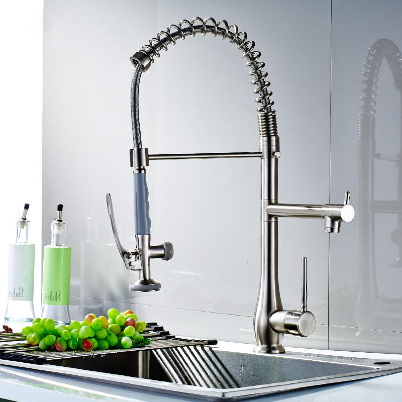 Pull Down Pre-rinse Spring Sprayer Brush Nickle  Kitchen Sink Faucet with Deck Plate Solid Brass