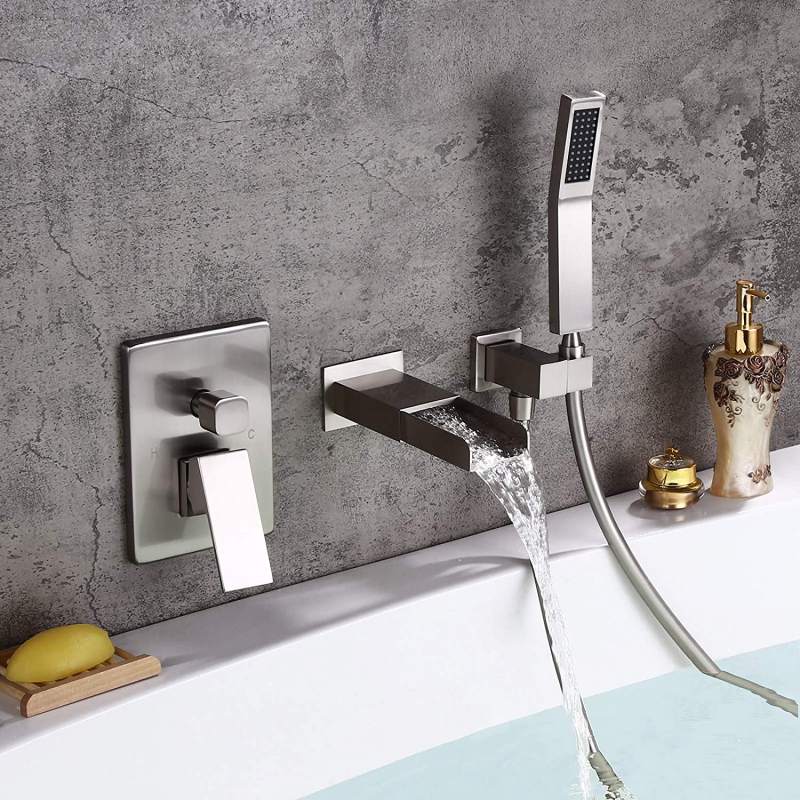 Waterfall Wall Mounted Tub Faucet with Hand Shower Bathroom Wall Mount Tub Filler Bathtub Faucet Single Handle Solid Brass