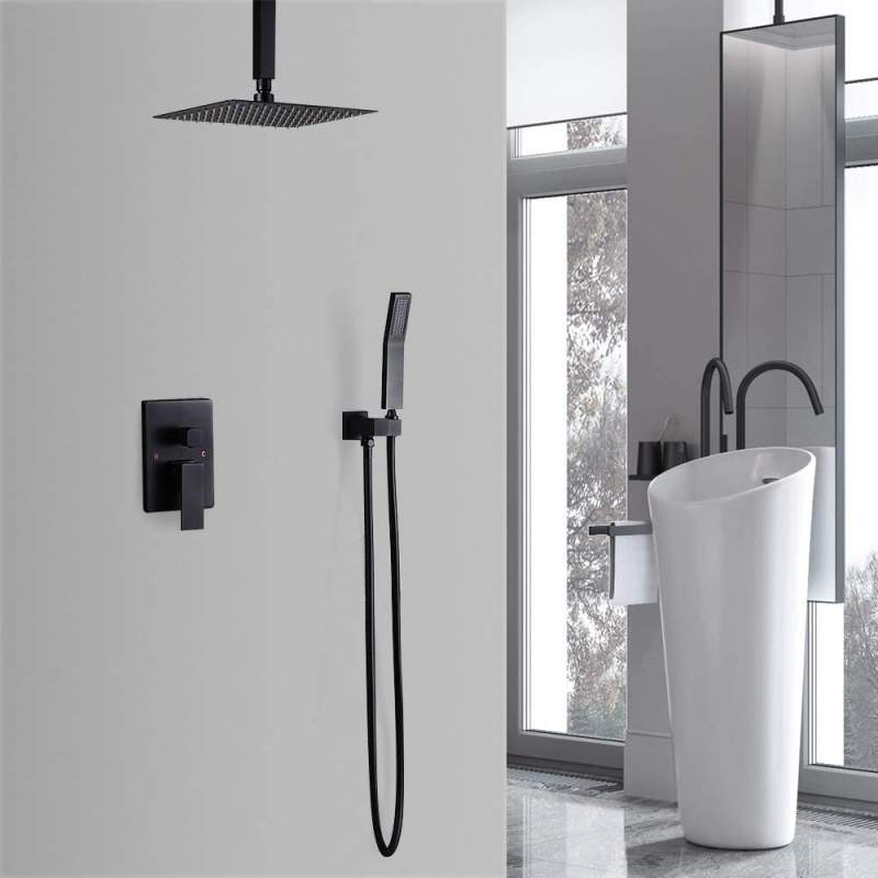 Contemporary Matte Black Rain Shower Set Square Shower Combo System with Ceiling Mount Rainfall Shower Head Wall Mount Handheld Shower