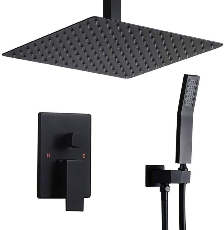 Contemporary Matte Black Rain Shower Set Square Shower Combo System with Ceiling Mount Rainfall Shower Head Wall Mount Handheld Shower