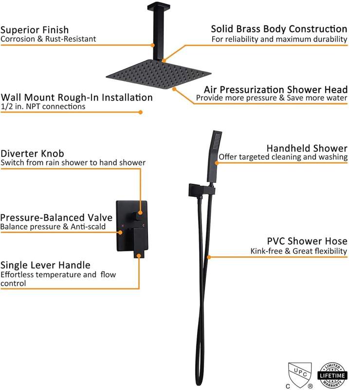 Contemporary Matte Black Rain Shower Set Square Shower Combo System with Ceiling Mount Rainfall Shower Head Wall Mount Handheld Shower