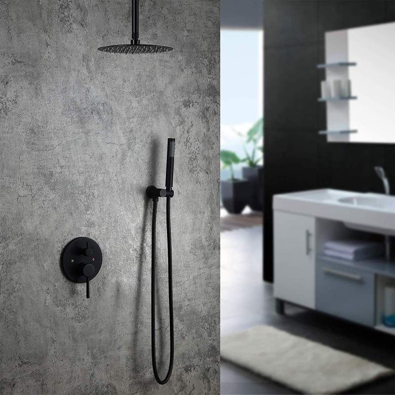 Contemporary Matte Black 8inch Ceiling Mounted Round Rainfall Shower with Hand Shower Wall Mount Shower Combo Set