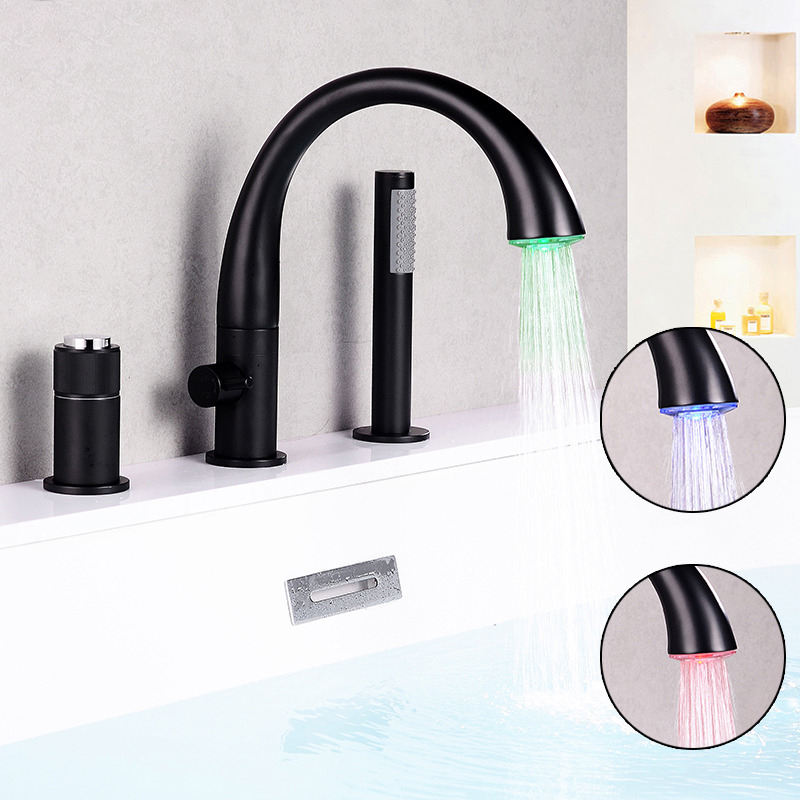 Led bathtub faucet hot and cold bathroom sink bathtub faucet waterfall basin black/chrome led faucet drop in bathtub light faucet