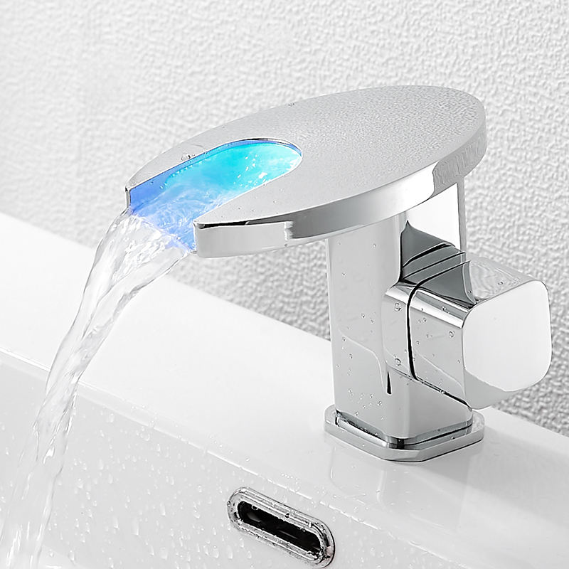 Bathroom Waterfall LED Faucet Sink Waterfall Brass Basin Faucet Bathroom Faucet Deck Mounted Basin Sink Faucet