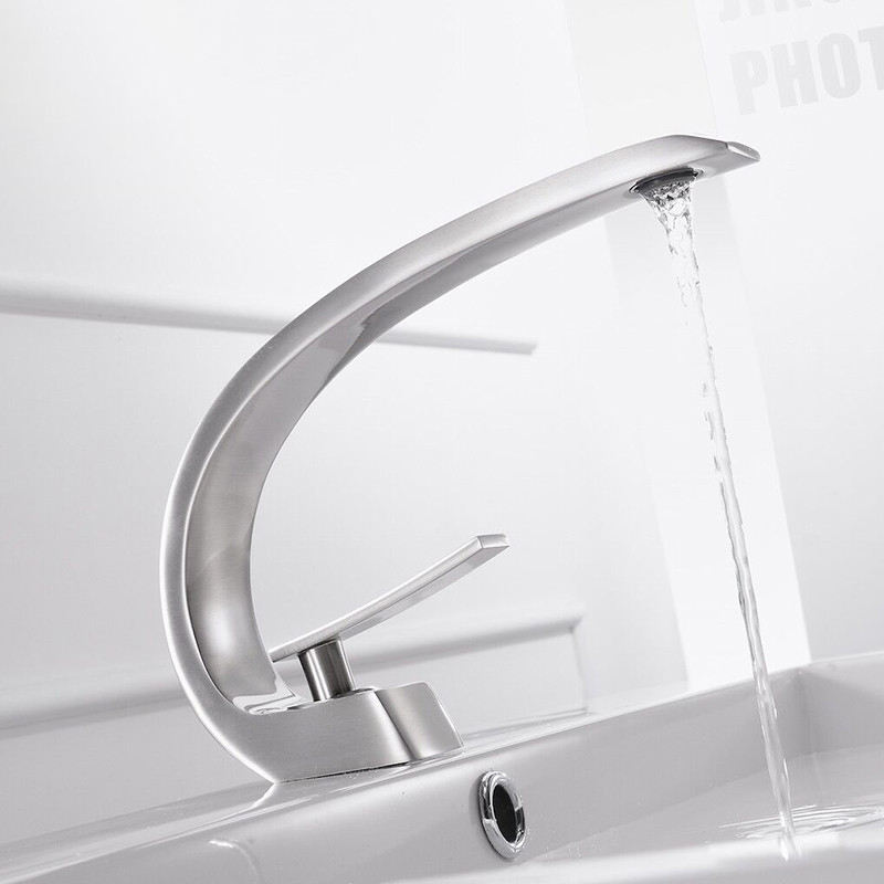 Modern Single Hole 1-Handle C-Shaped Curved Spout Bathroom Sink Faucet