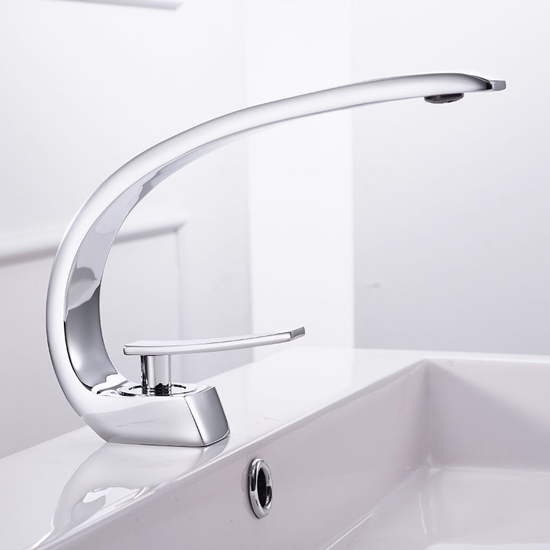 Modern Single Hole 1-Handle C-Shaped Curved Spout Bathroom Sink Faucet