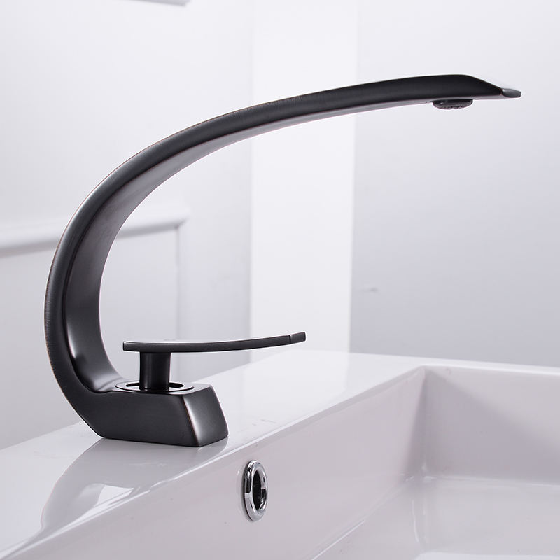 Modern Single Hole 1-Handle C-Shaped Curved Spout Bathroom Sink Faucet