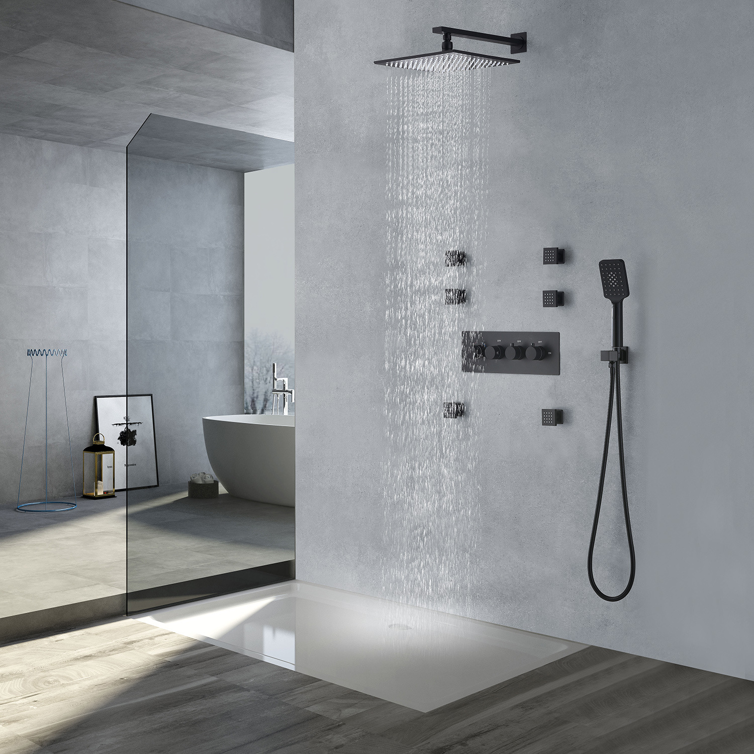 Black Rain Shower Set With Six Body Spray Jets Thermostatic Solid Brass