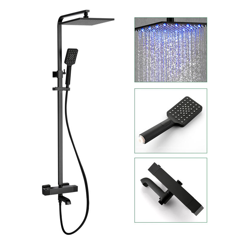 Retro Bathroom LED Black Shower Set Wall Mounted 10" Rain Shower Faucet Triple Function Mixing Valve Set System
