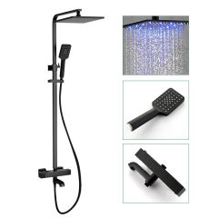 Retro Bathroom LED Black Shower Set Wall Mounted 10" Rain Shower Faucet Triple Function Mixing Valve Set System