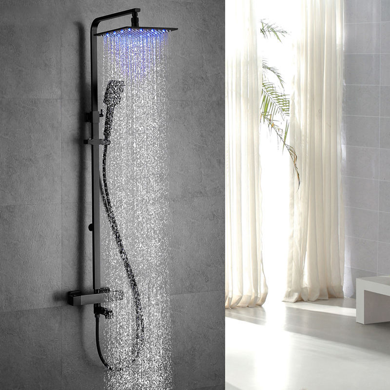 Retro Bathroom LED Black Shower Set Wall Mounted 10" Rain Shower Faucet Triple Function Mixing Valve Set System