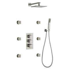 Deluxe wall-mounted brushed nickel brass 8" thermostatic shower with 6 massage jets