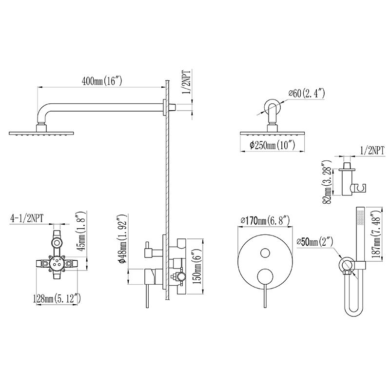 10 Inch Matte black bathtub faucet set waterfall shower system