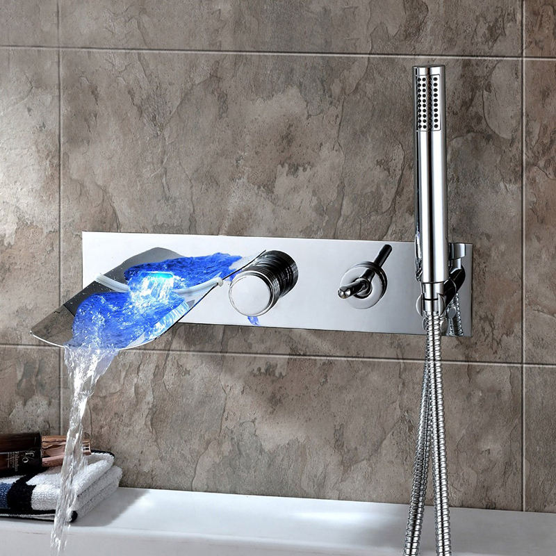 Led bathroom bathtub faucet LED waterfall bathtub spout faucet with handheld shower wall-mounted brass mixer faucet