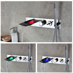 Led bathroom bathtub faucet LED waterfall bathtub spout faucet with handheld shower wall-mounted brass mixer faucet