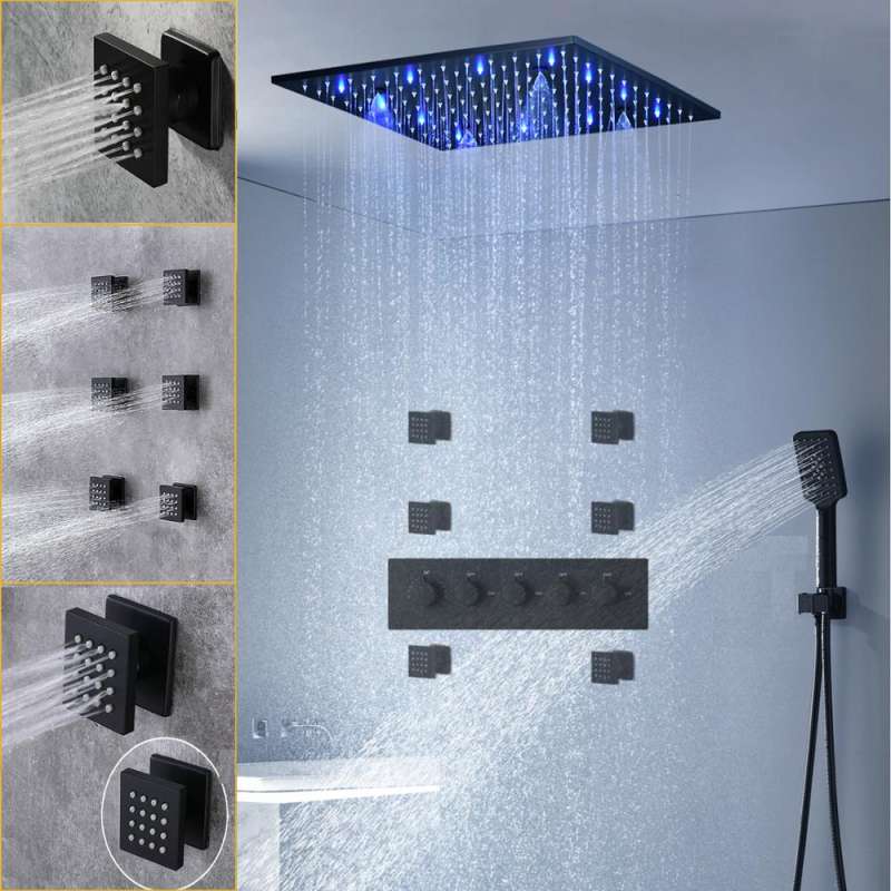 Matt black/Chrome massage rain shower LED shower panel bathtub rain shower faucet set thermostatic faucet with body jets