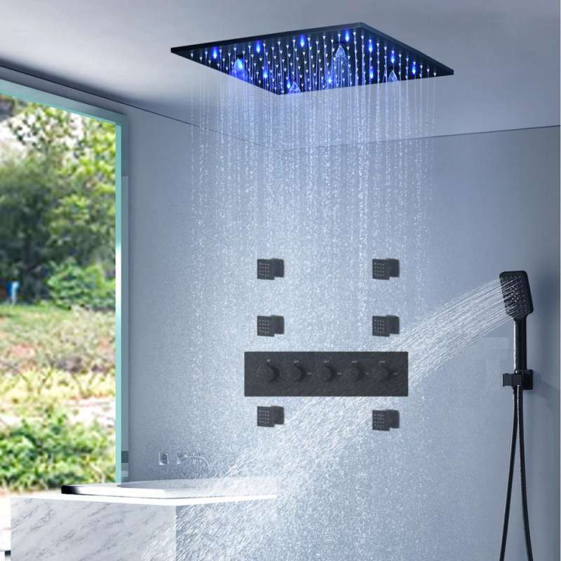 Matt black/Chrome massage rain shower LED shower panel bathtub rain shower faucet set thermostatic faucet with body jets