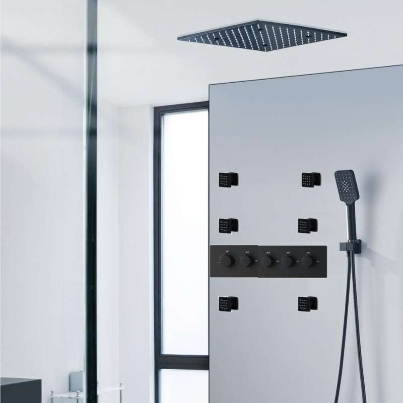 Matt black/Chrome massage rain shower LED shower panel bathtub rain shower faucet set thermostatic faucet with body jets