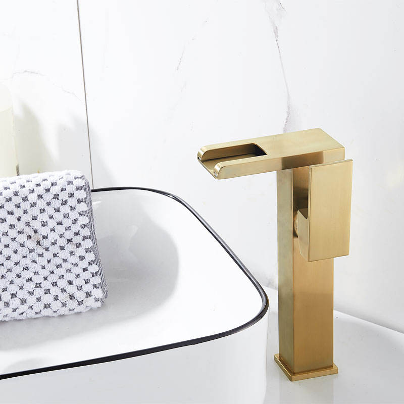 Modern LED Waterfall Single Handle Brass Faucet Single Hole for Bathroom Sinks - Brushed Gold