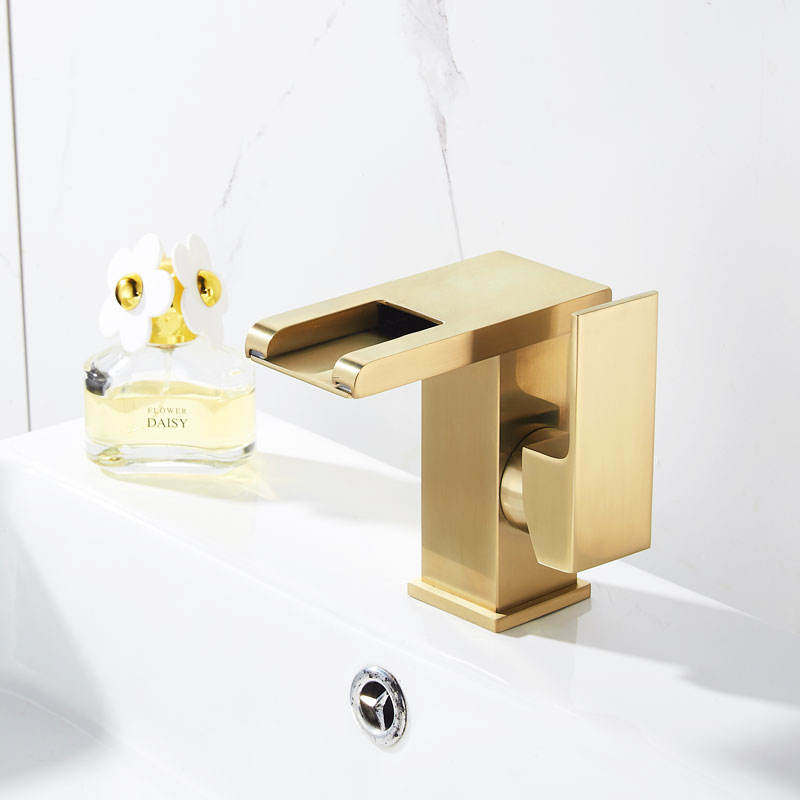 Modern LED Waterfall Single Handle Brass Faucet Single Hole for Bathroom Sinks - Brushed Gold