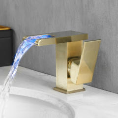 Modern LED Waterfall Single Handle Brass Faucet Single Hole for Bathroom Sinks - Brushed Gold