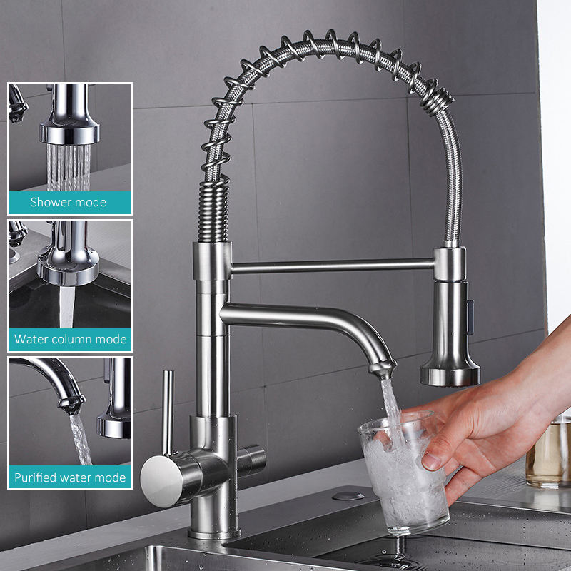 water filter pull down 360 degrees rotate hot and cold faucets brass kitchen taps