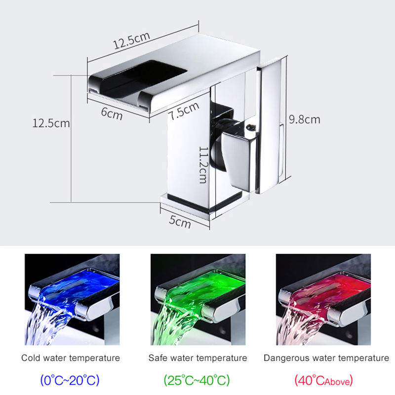 bathroom basin faucet with LED 3 color variations Anti-scalding waterfall Gentle water discharge Hot and cold water mixer faucet - Chrome