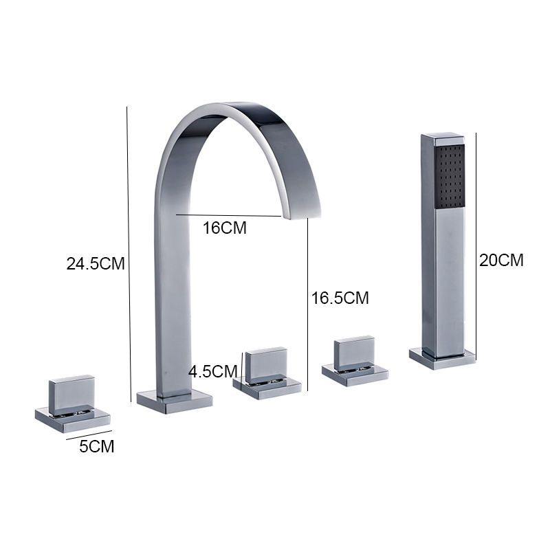 Bathtub faucet 5-piece square 5-hole faucet set with handheld shower in chrome finish