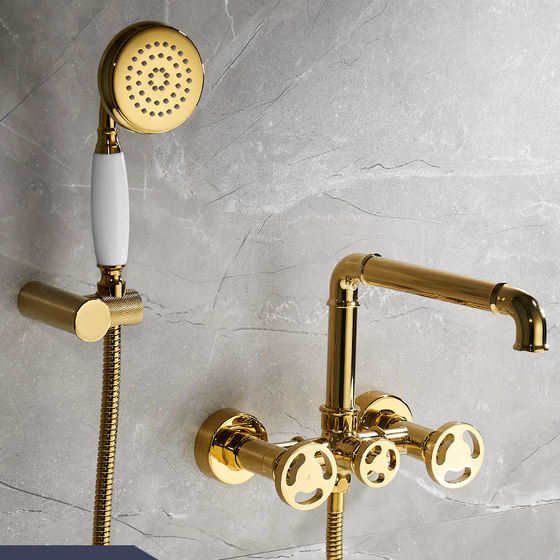 Industrial style gold bathtub Filler Faucet with Hand Shower Solid Brass