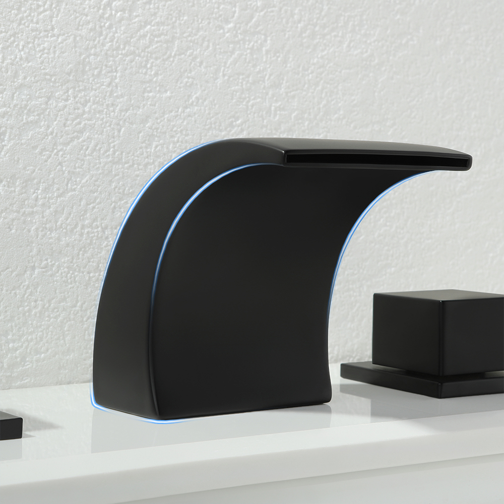 LED Grop Matte Black Waterfall Widespread Bathroom Sink Faucet Double