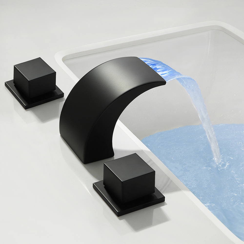 LED Grop Matte Black Waterfall Widespread Bathroom Sink Faucet Double