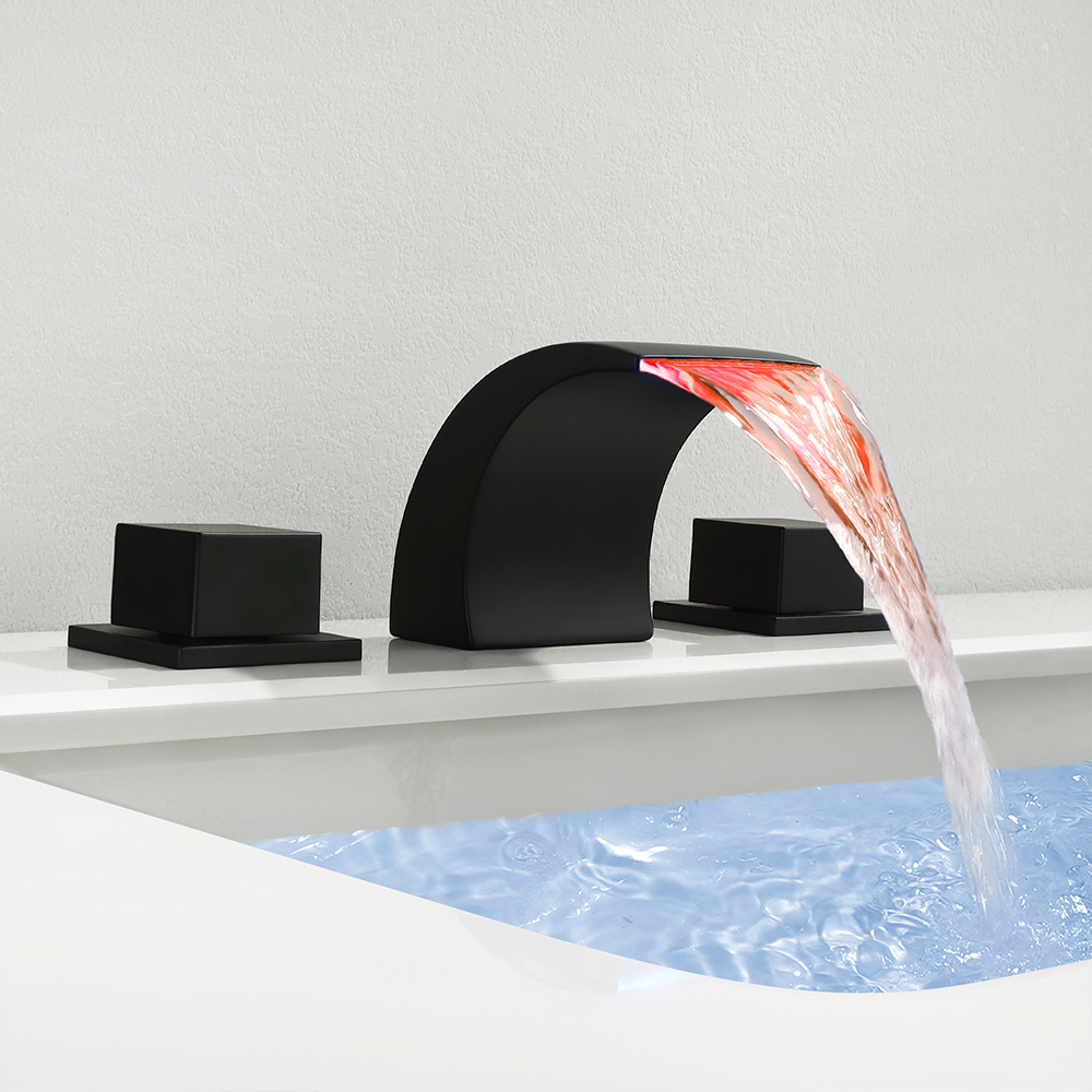 LED Grop Matte Black Waterfall Widespread Bathroom Sink Faucet Double