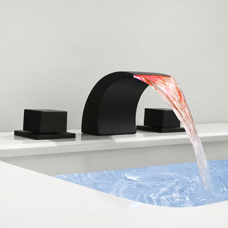 LED Grop Matte Black Waterfall Widespread Bathroom Sink Faucet Double Handle