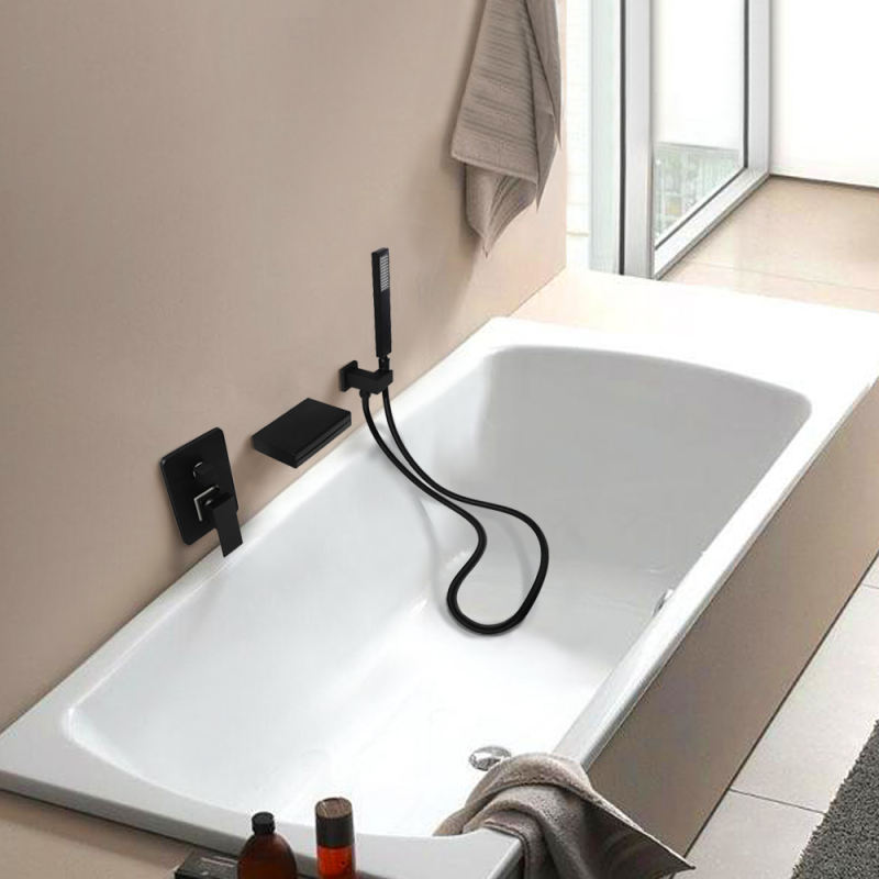 Contemporary Wall-Mount LED Waterfall Matte Black Bathtub Filler Faucet with Hand Shower Solid Brass