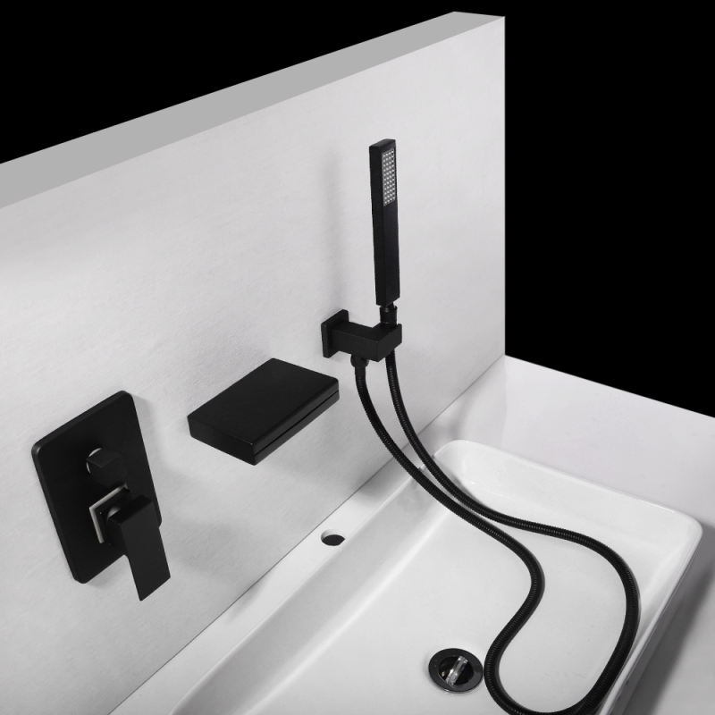 Contemporary Wall-Mount LED Waterfall Matte Black Bathtub Filler Faucet with Hand Shower Solid Brass