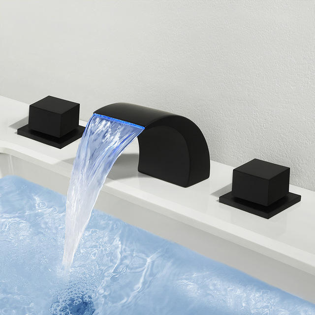 LED Grop Matte Black Waterfall Widespread Bathroom Sink Faucet Double Handle