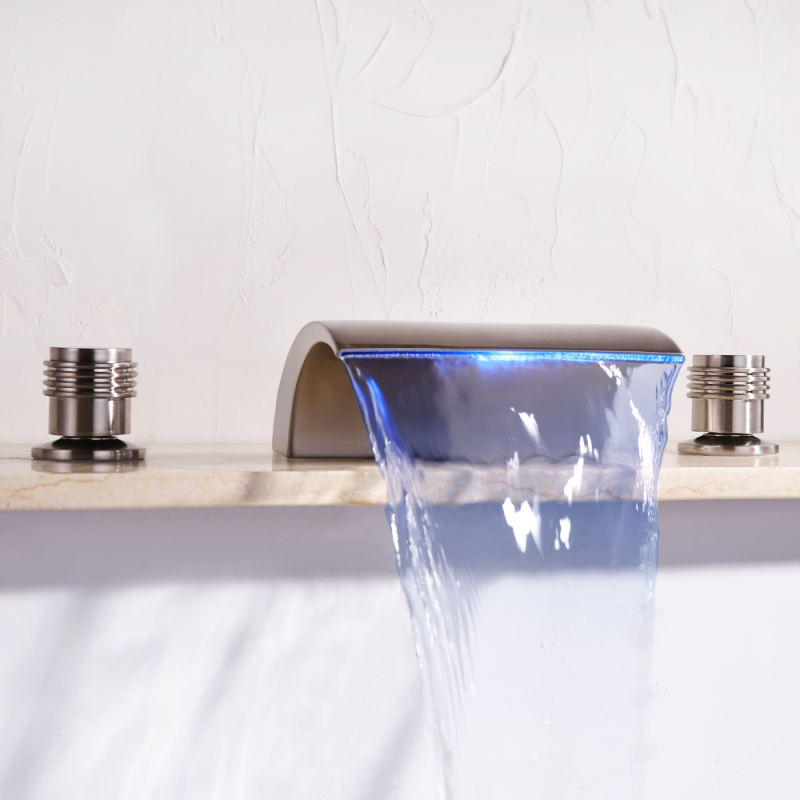 LED waterfall bathroom three-hole double handle faucet