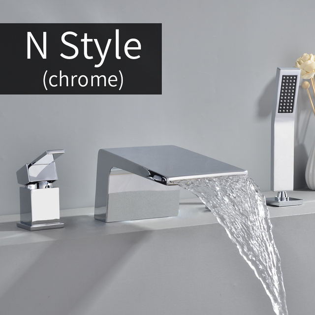 Deck Mounted Roman Tub Faucet Single Handle Waterfall Tub Filler Bathtub  Faucet with Hand Shower