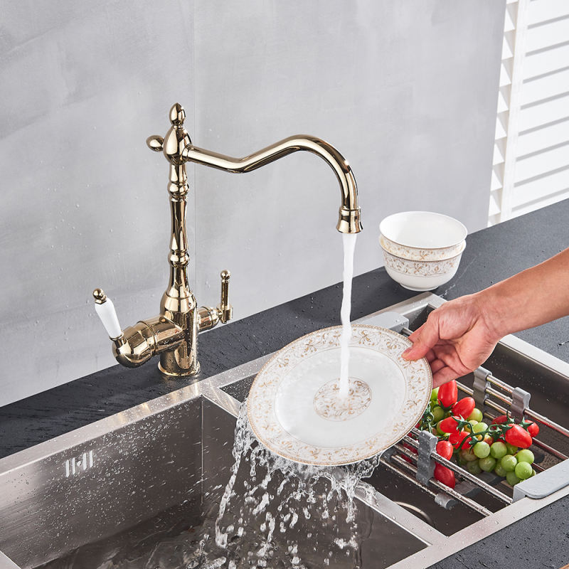 Water Filter Kitchen Faucet Two Handle Kitchen Drinking Water Faucet Brass Swivel Spout 3 in 1 Water Purifier Sink Faucet