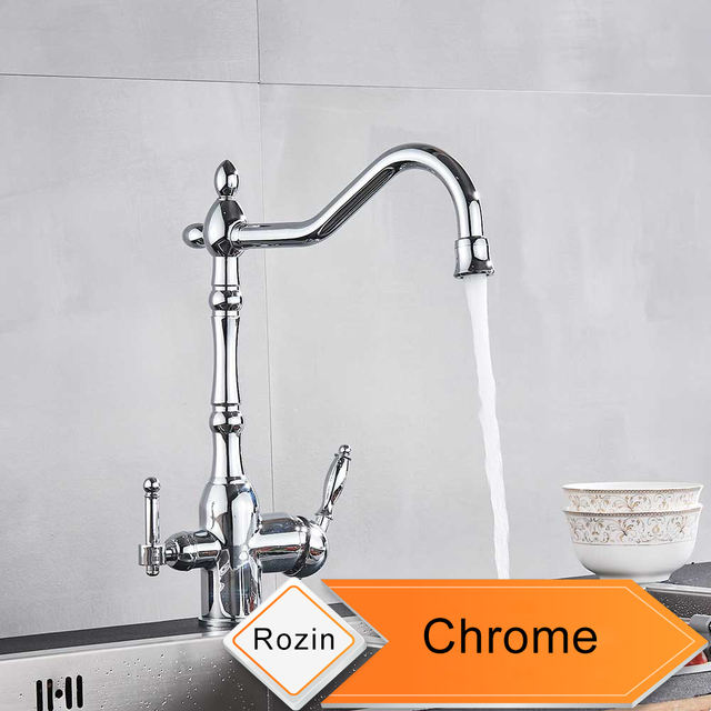 Water Filter Kitchen Faucet Two Handle Kitchen Drinking Water Faucet Brass Swivel Spout 3 in 1 Water Purifier Sink Faucet
