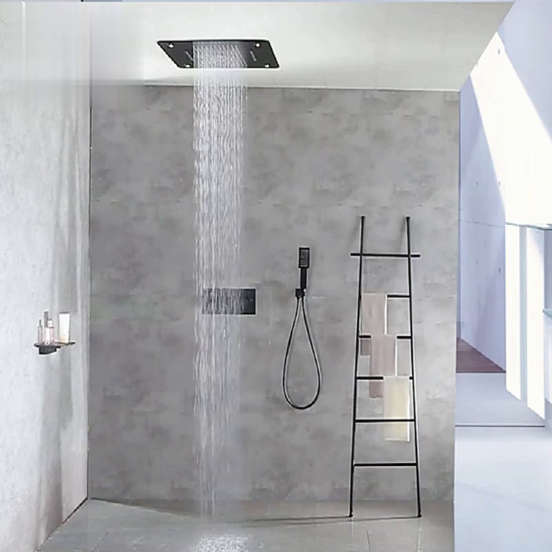 Ceiling mounted rain shower system Thermostatic bathroom faucet Black LED 20" shower set Waterfall shower