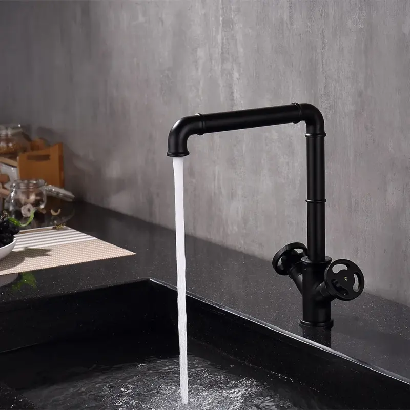 Industrial  Single Hole Kitchen Faucet Brass 2 Handle Mate Black
