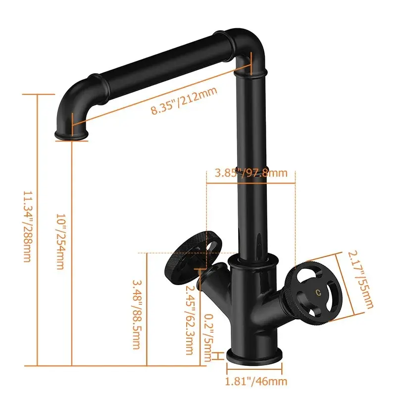 Industrial  Single Hole Kitchen Faucet Brass 2 Handle Mate Black