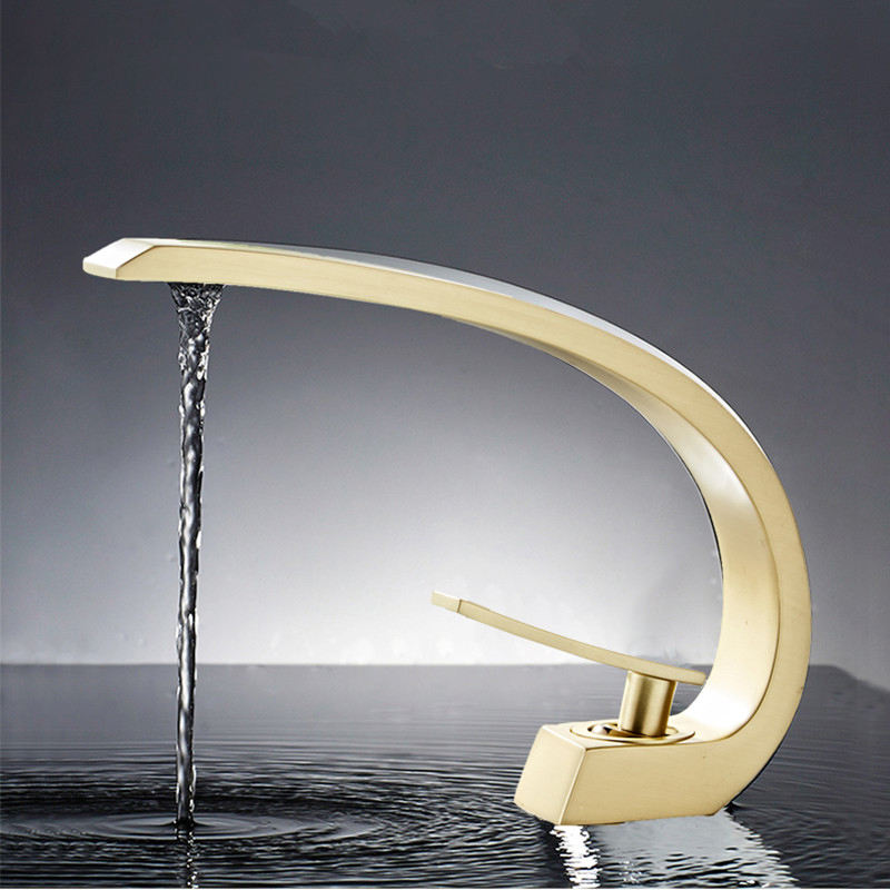 Modern Single Hole 1-Handle C-Shaped Curved Spout Bathroom Sink Faucet