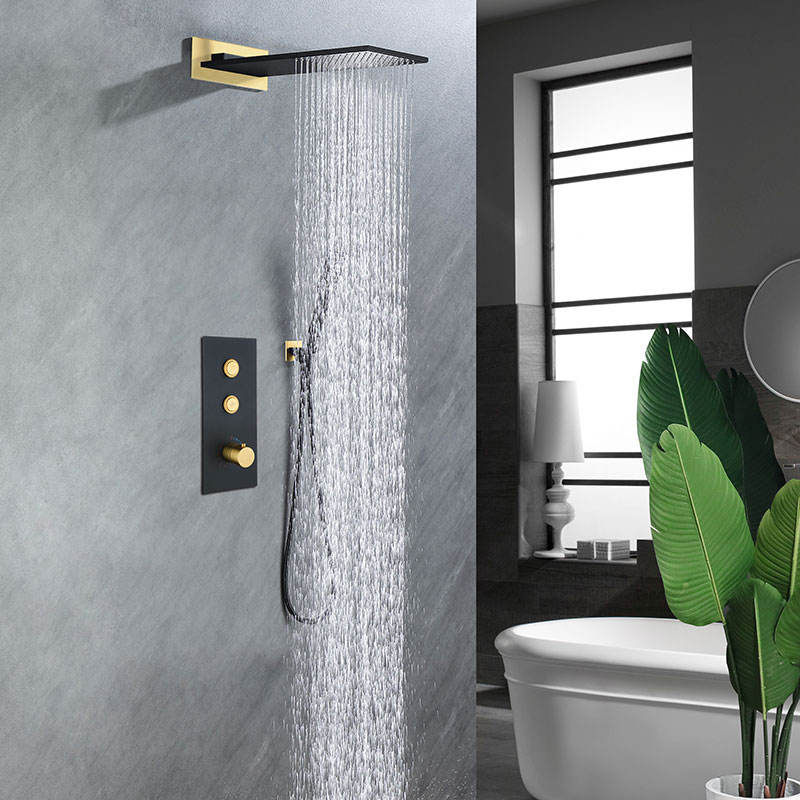 Full copper shower top spray shower set embedded black gold thermostatic shower