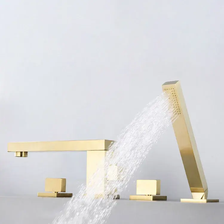 Deck Mounted Bathtub Filler Faucet with Handshower Brushed Gold Swivel Spout