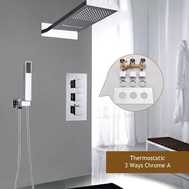 Black chrome plated thermostatic shower faucet set rainfall shower head with tee thermostatic faucet bathtub shower faucet
