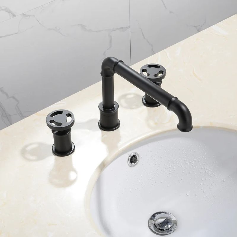 Industrial Pipe Matte Black Bathroom Widespread Sink Faucet Double Handles