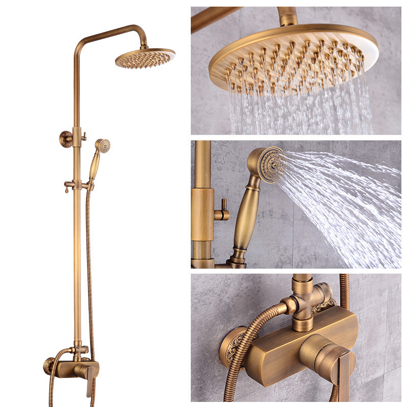 Antique gold bathroom wall mounted shower set round spray rain shower ...